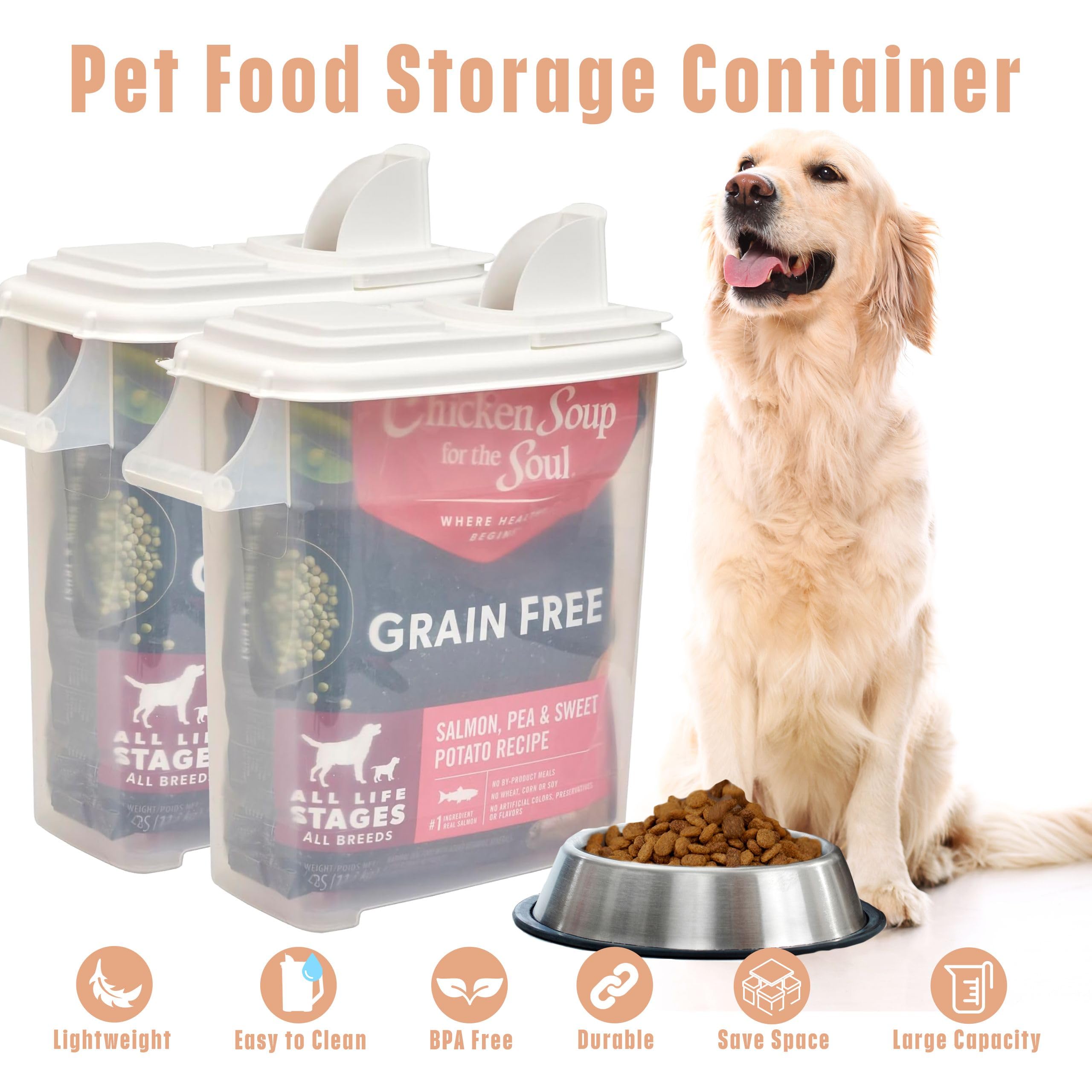 Buddeez 32-quart capacity bin stores large portions of dry food securely.