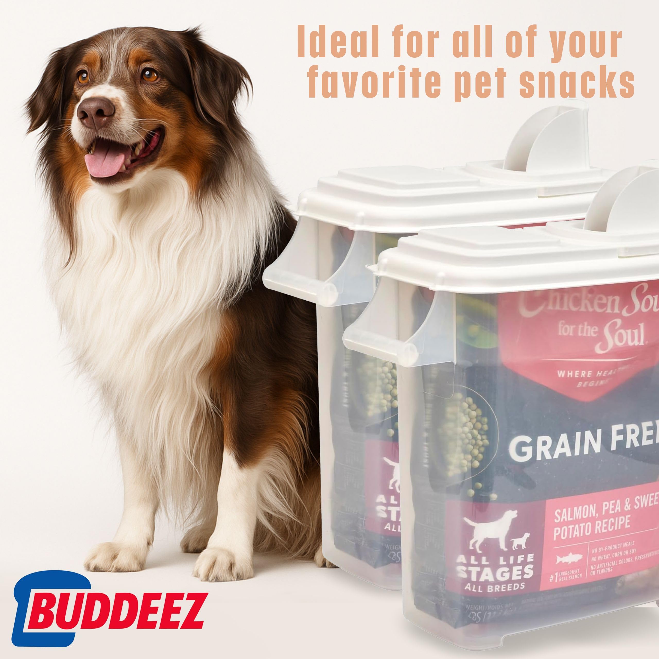 Buddeez kitchen storage solution stores bulk rice, flour, or baking supplies.