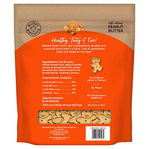 Buddy Biscuits crunchy dog treats; oven baked in the USA for quality snacking.