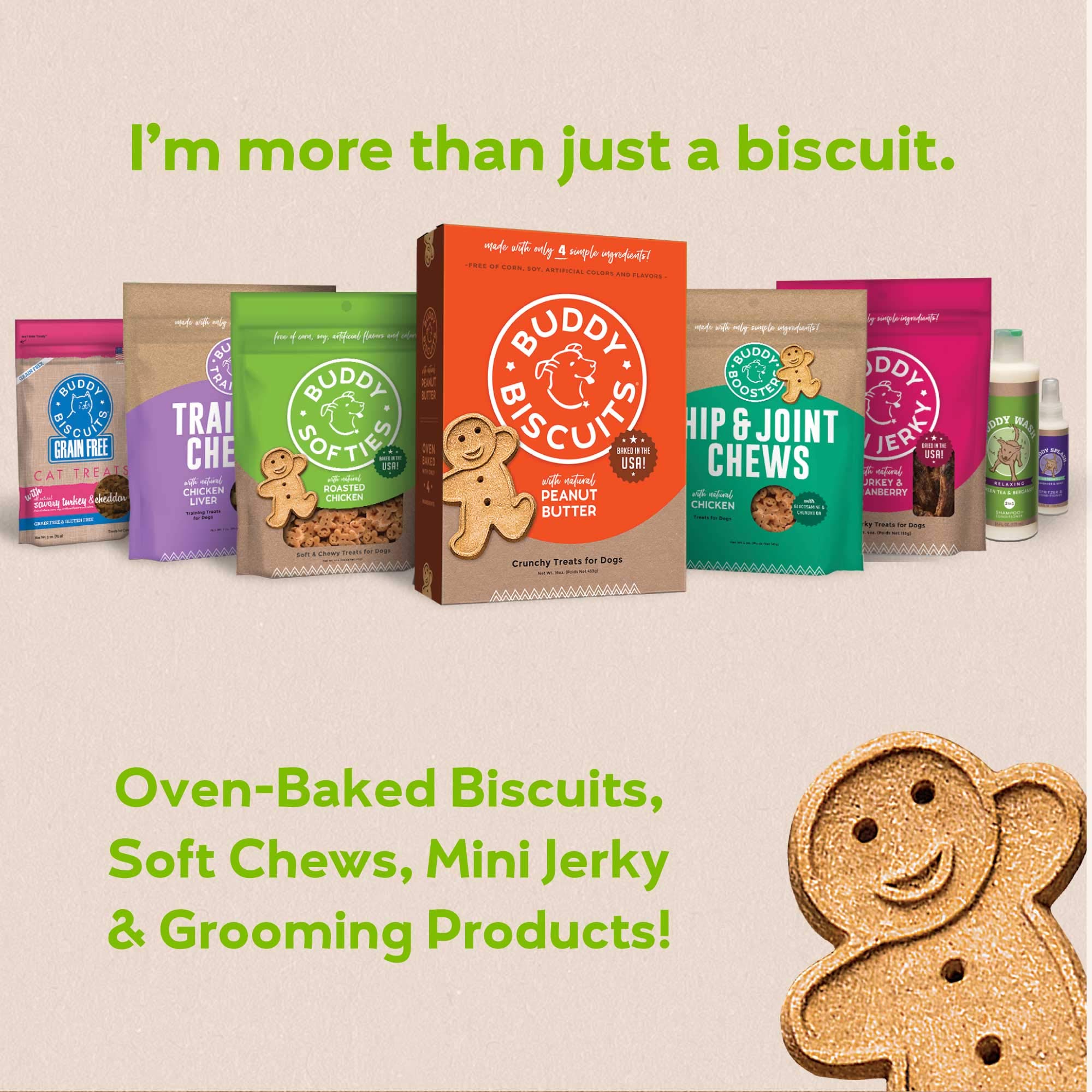 Buddy Biscuits family-owned since 1999 badge signals trusted, wholesome treats for pets