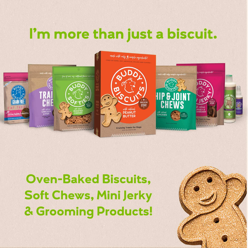 Buddy Biscuits family-owned since 1999 badge signals trusted, wholesome treats for pets