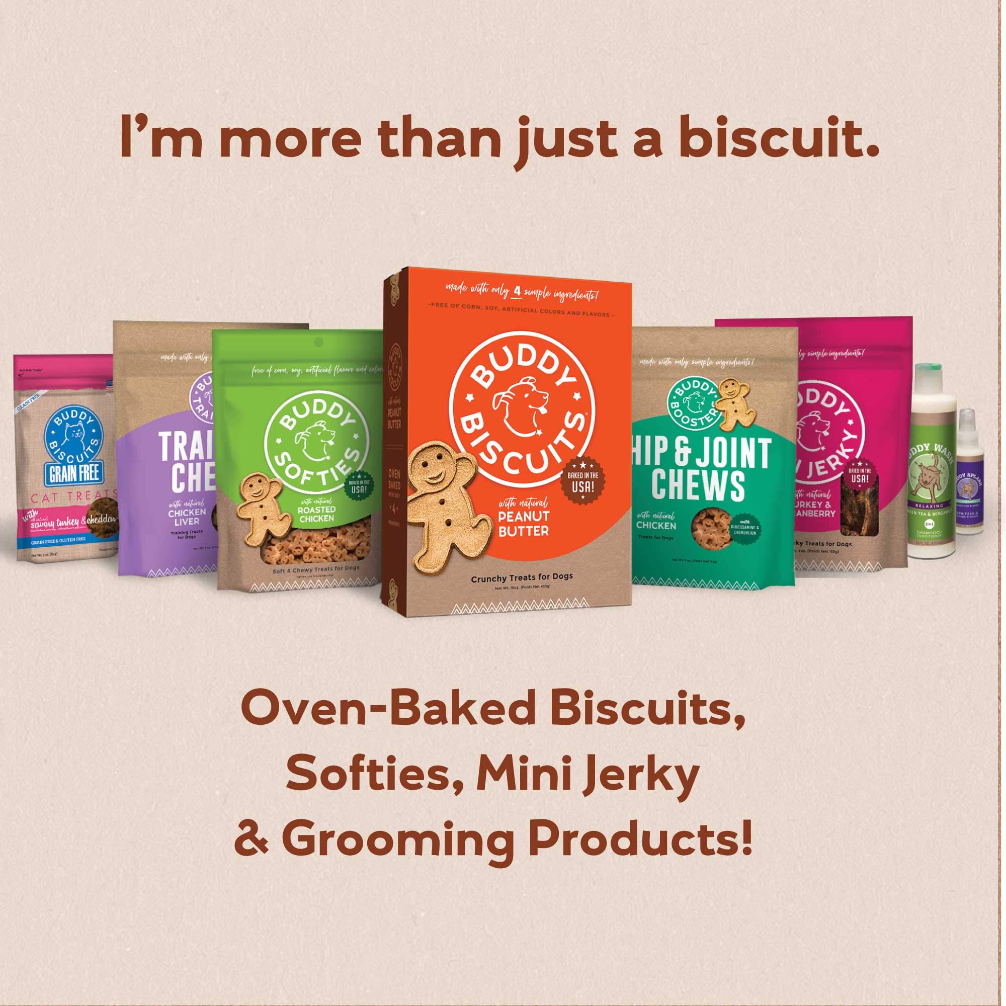 Buddy Biscuits ingredient-panel highlighting simple, recognizable ingredients and no artificial additives
