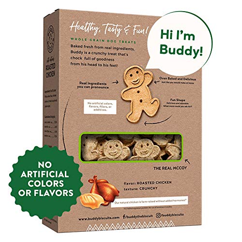 Buddy Biscuits roasted chicken flavor package highlights appetizing aroma for dogs