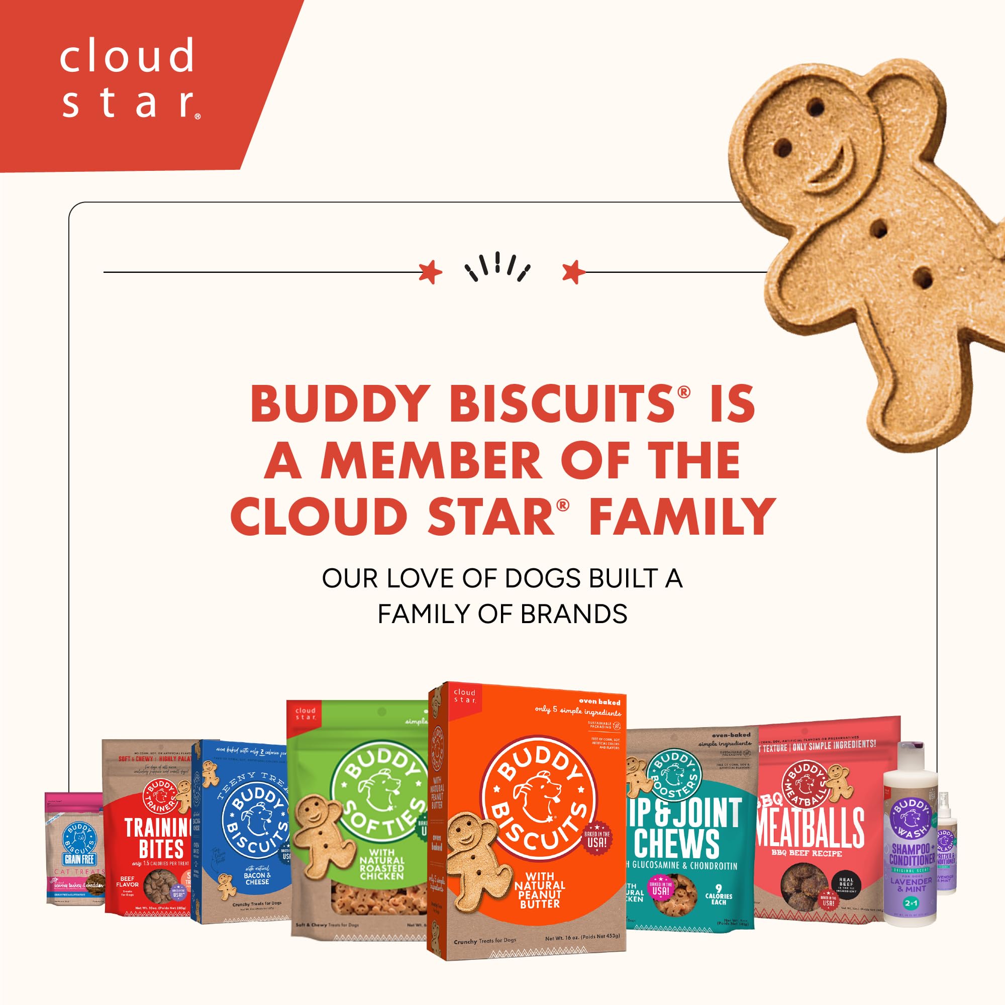 Buddy Biscuits oven-baked in the USA signals careful production.