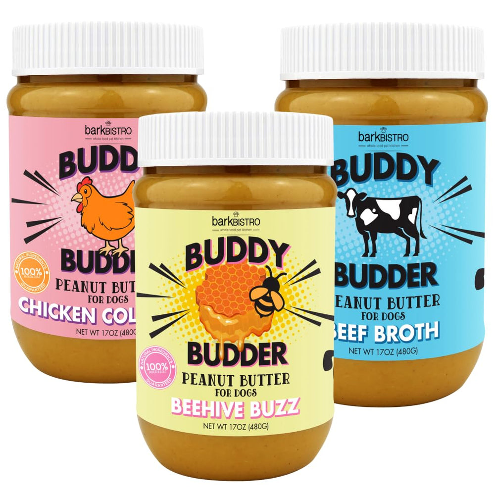 BUDDY BUDDER Bark Bistro beef broth jar shows simple ingredients for a tasty dog treat.
