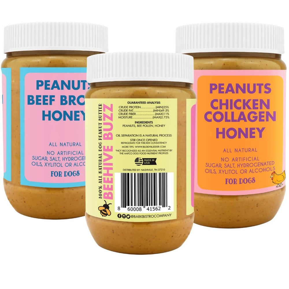 BUDDY BUDDER Bark Bistro chicken collagen jar with peanuts and honey for a protein boost.