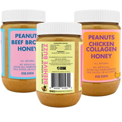 BUDDY BUDDER Bark Bistro chicken collagen jar with peanuts and honey for a protein boost.