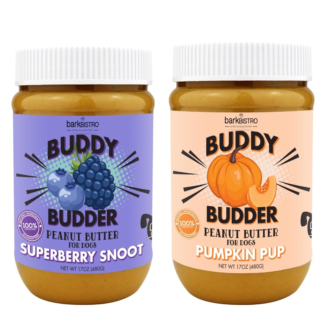 Buddy Budder Bark Bistro Superberry Snoot bottle pour for easy spreading on dog treats.