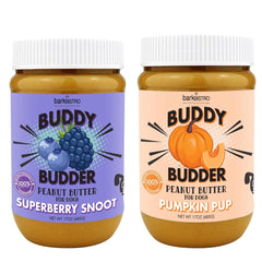 Buddy Budder Bark Bistro Superberry Snoot bottle pour for easy spreading on dog treats.