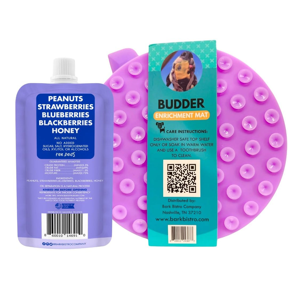 Buddy Budder Superberry peanut butter squeeze pack delivers blueberry-blackberry flavor for treats.
