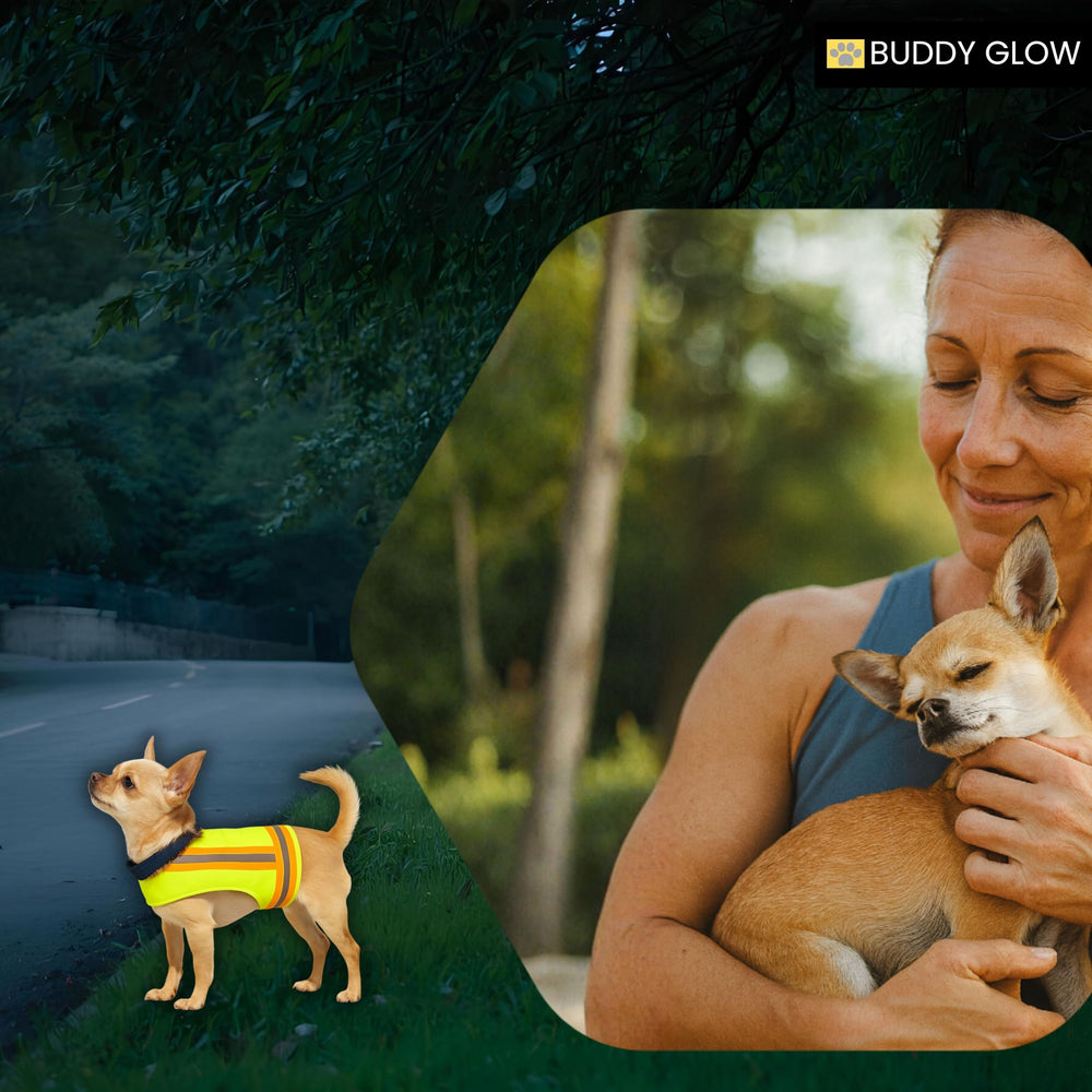 Buddy Glow Reflective Dog Vest two-tone strips improve low-light safety
