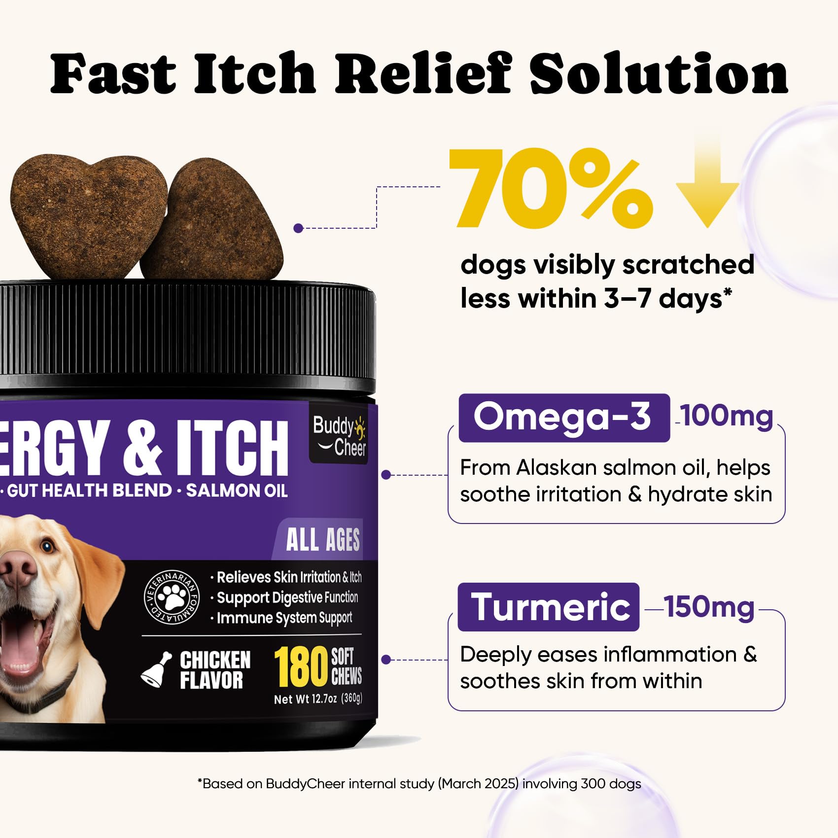 BuddyCheer dog allergy chews ingredients with colostrum, fish oil, and probiotics for skin support.