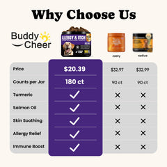 BuddyCheer dog allergy chews packaging highlights a value pack for itch relief.