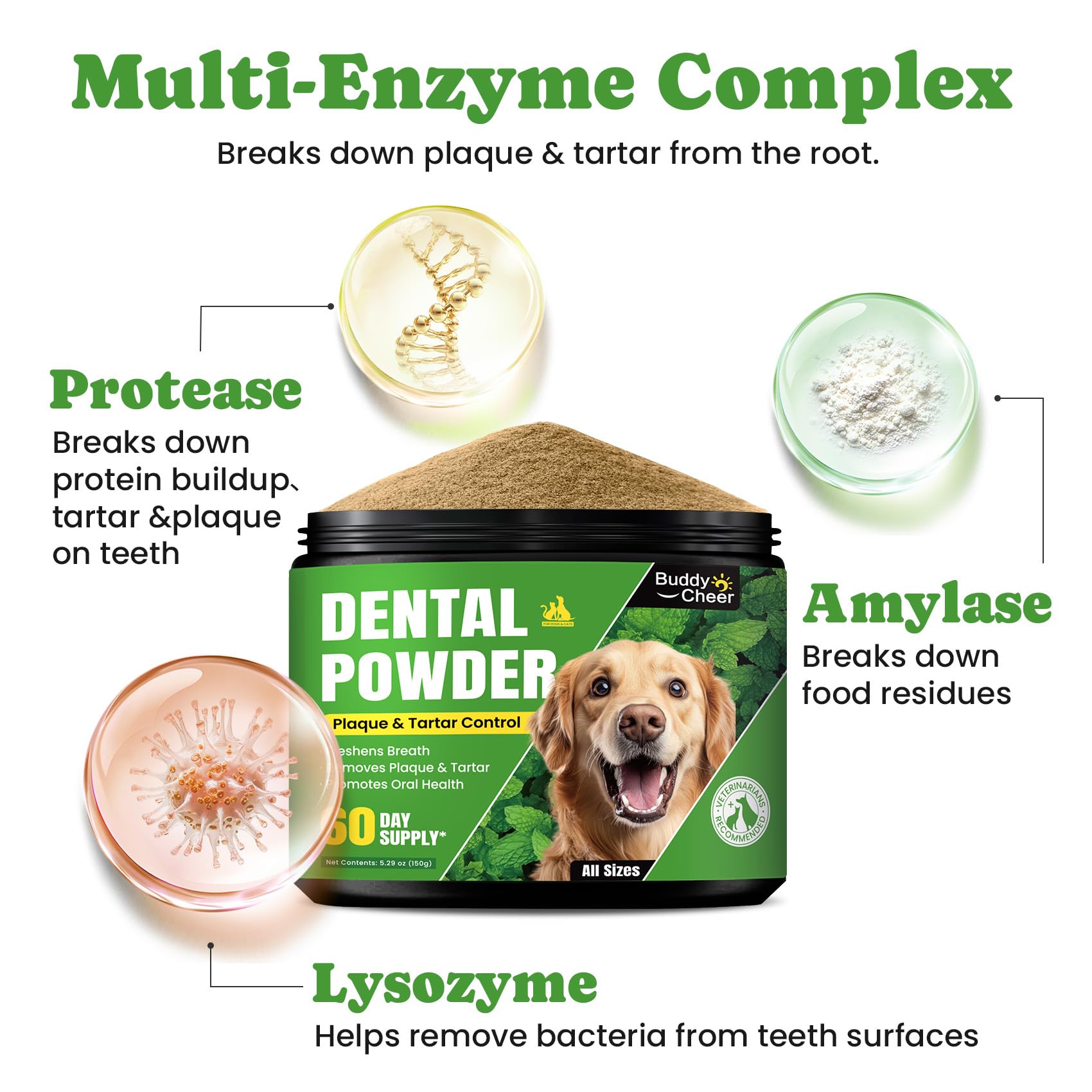 BuddyCheer dog teeth powder being mixed into dog meal for easy use