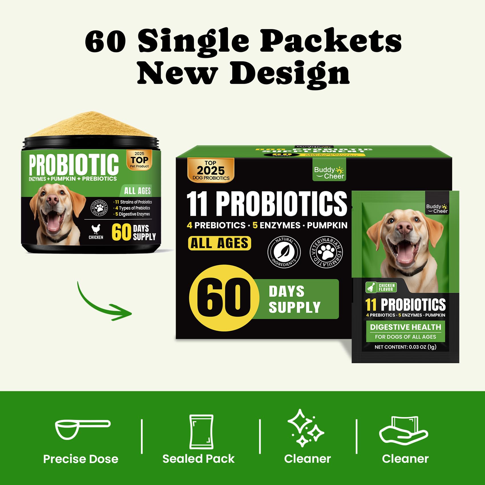 BuddyCheer dog-probiotics on food demonstrating easy sprinkling for daily use.