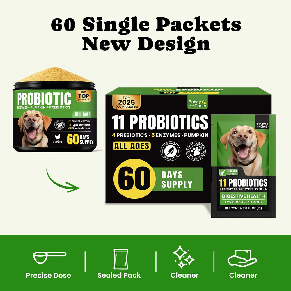 BuddyCheer dog-probiotics on food demonstrating easy sprinkling for daily use.