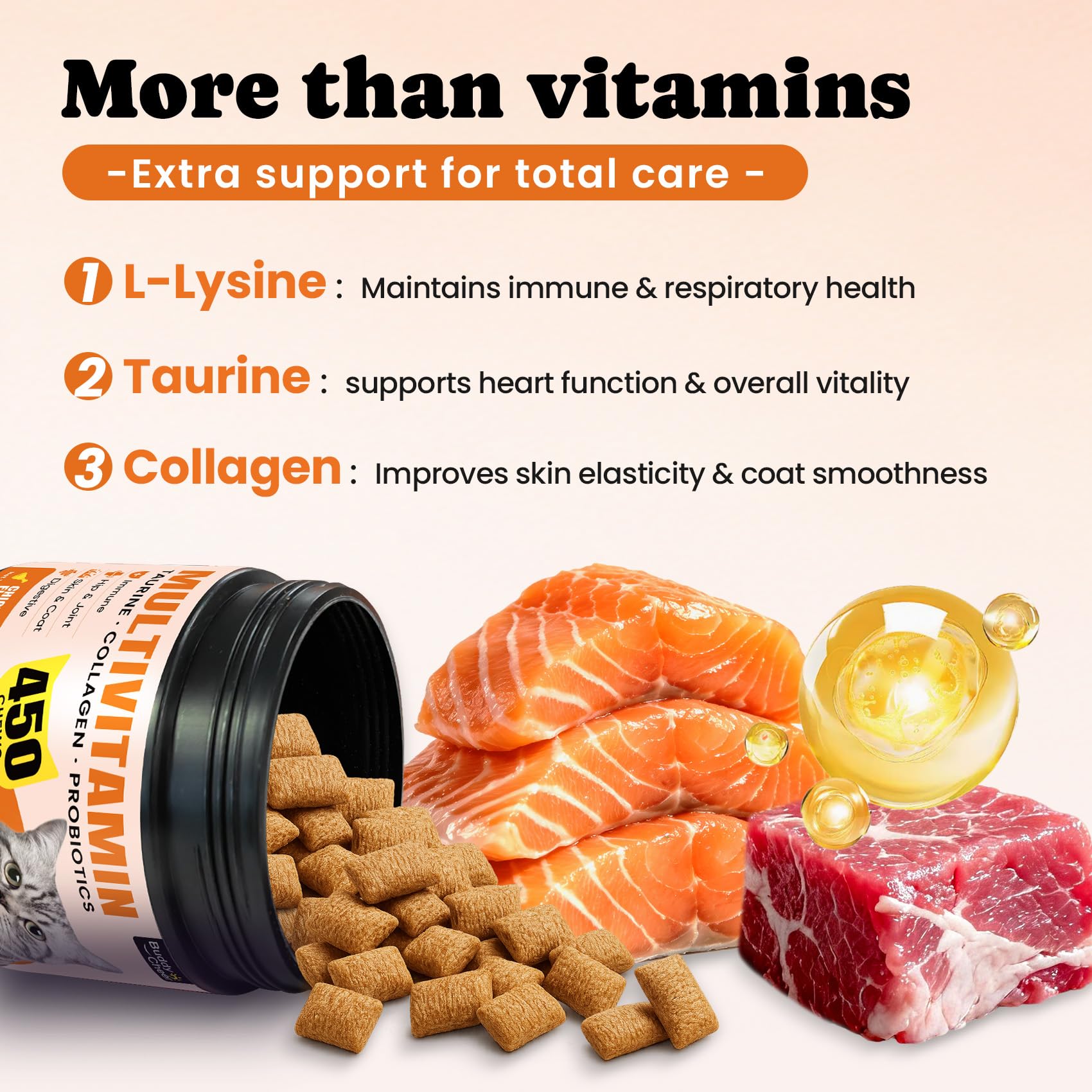 Etiqueta del producto BuddyCheer visible para identificar beneficios de la vitamina