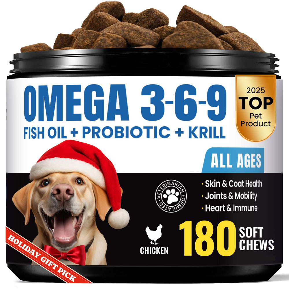 BuddyCheer Omega3 for dogs bottle shows 180 chews supporting joints and shiny coats