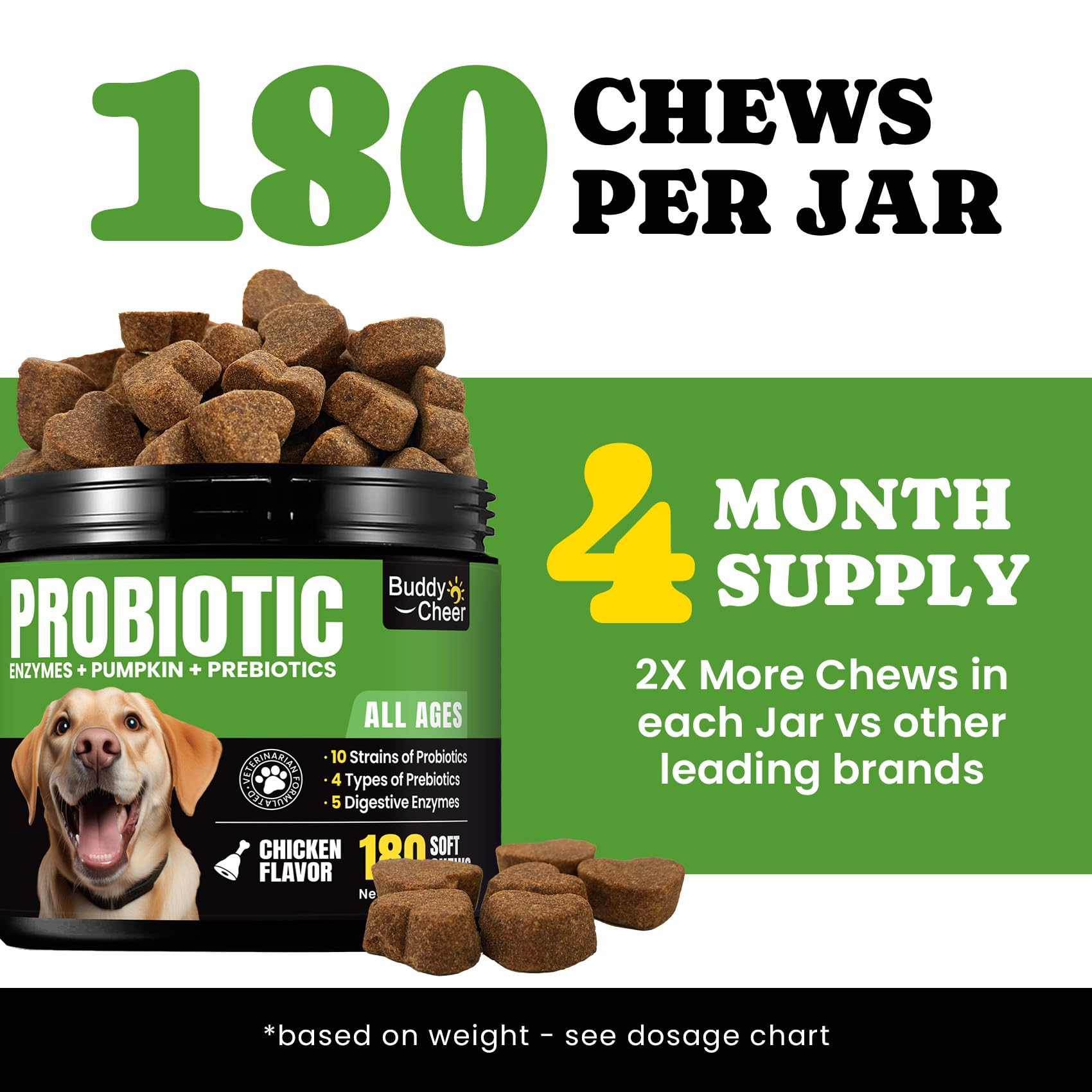 BuddyCheer Probiotics for Dogs skin relief image suggests balanced skin support.
