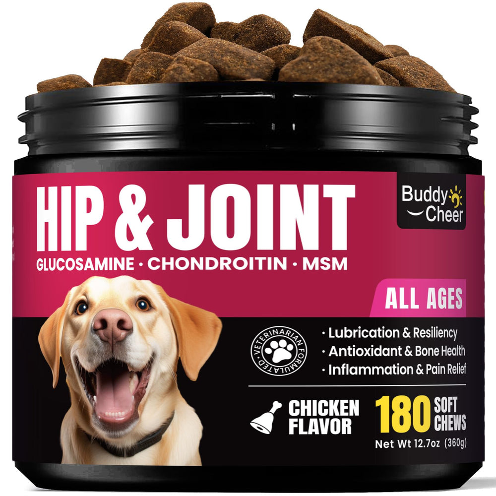 BuddyCheer turmeric omega-3 dog chews image hints inflammation-supporting ingredients.