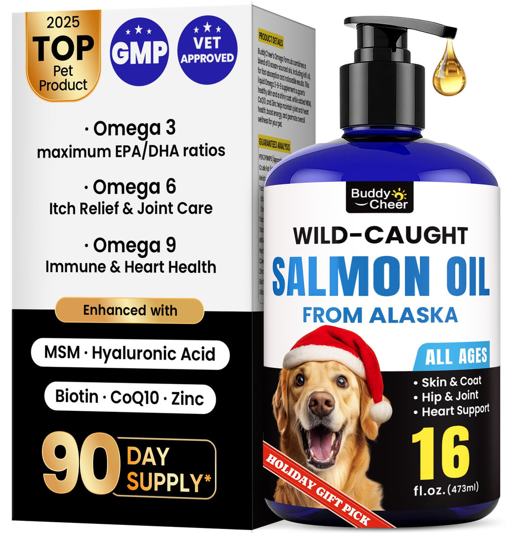 BuddyCheer Wild Alaskan Salmon Oil bottle promotes a shiny coat for pets