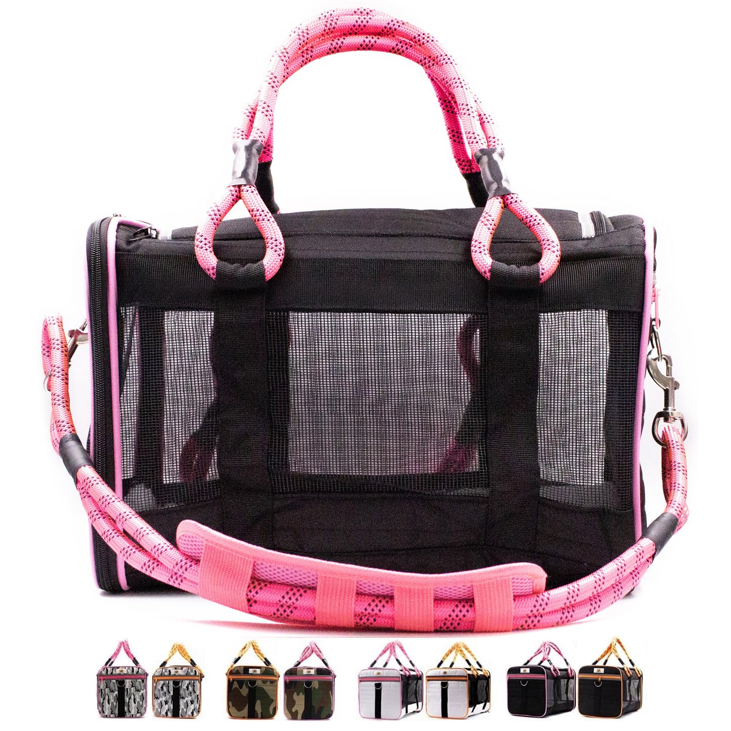 Buddy's Best airline-approved carrier under seat in black and pink, for easy boarding