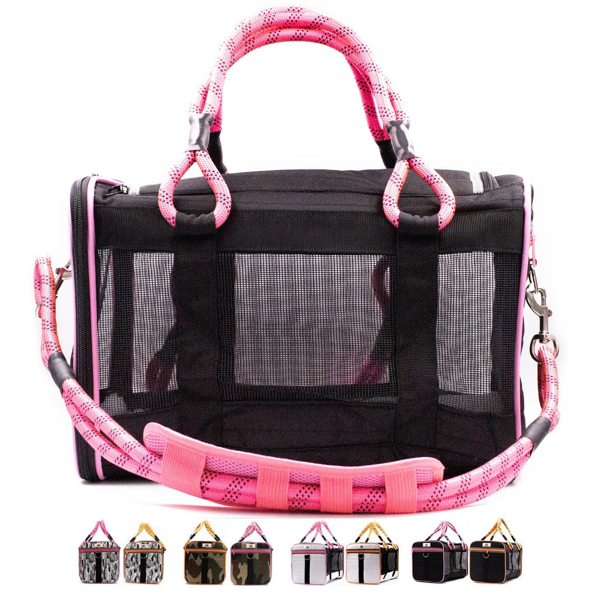 Buddy's Best airline-approved carrier under seat in black and pink, for easy boarding