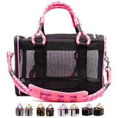 Buddy's Best airline-approved carrier under seat in black and pink, for easy boarding