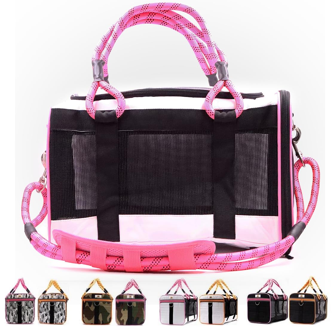 Buddy's Best airline pet carrier under seat, front view with white pink design and secure travel zippers