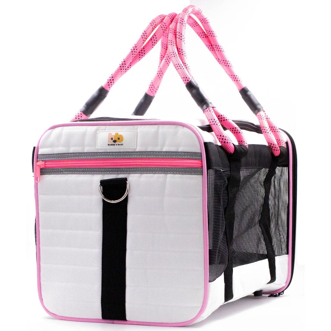 Buddy's Best under-seat carrier side view; waterproof base for spill protection during travel