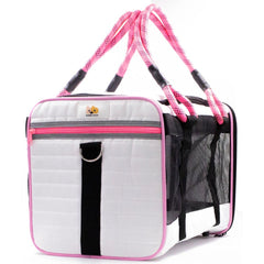 Buddy's Best under-seat carrier side view; waterproof base for spill protection during travel