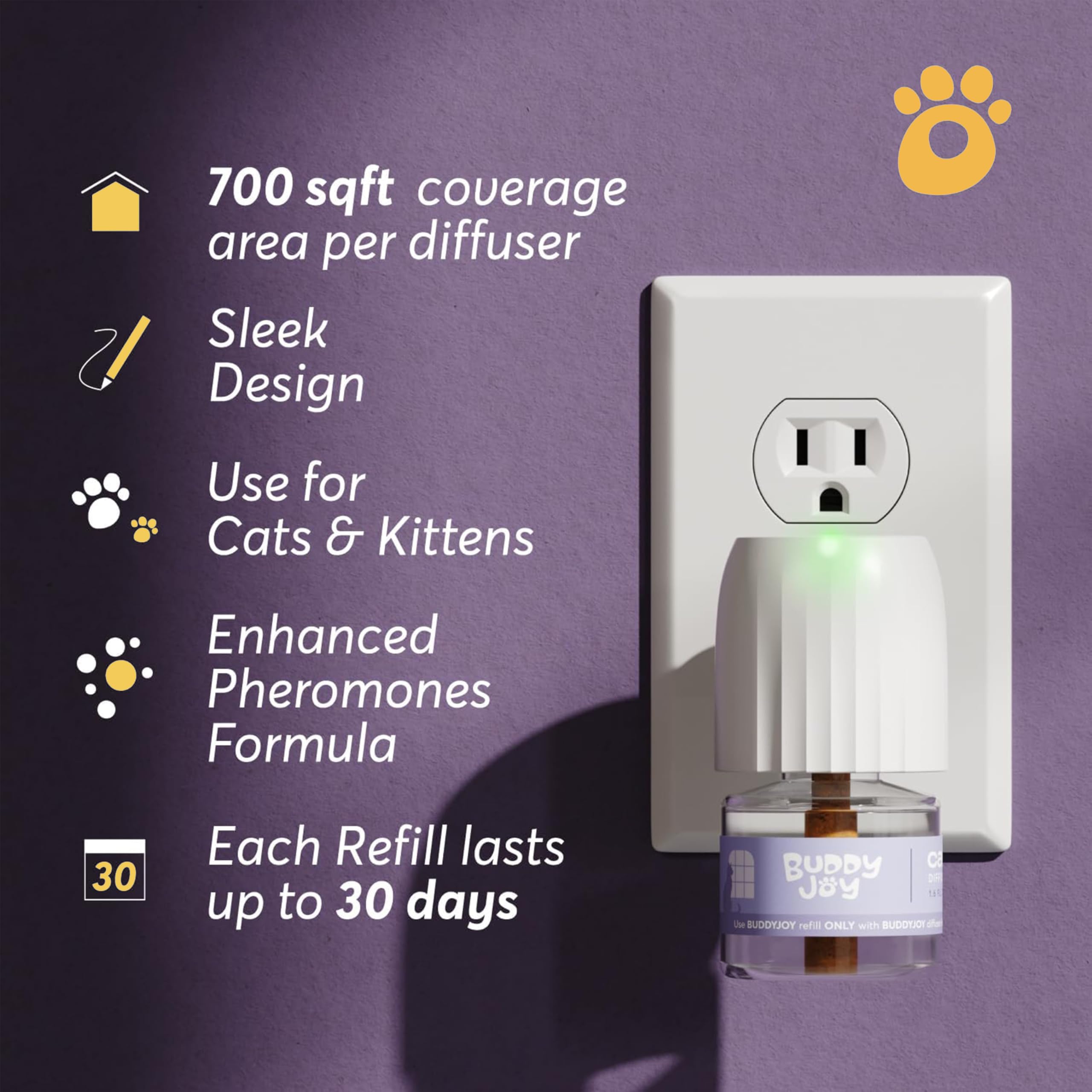 BUDDYJOY room-wide diffusion image shows up to 750 sq ft coverage.