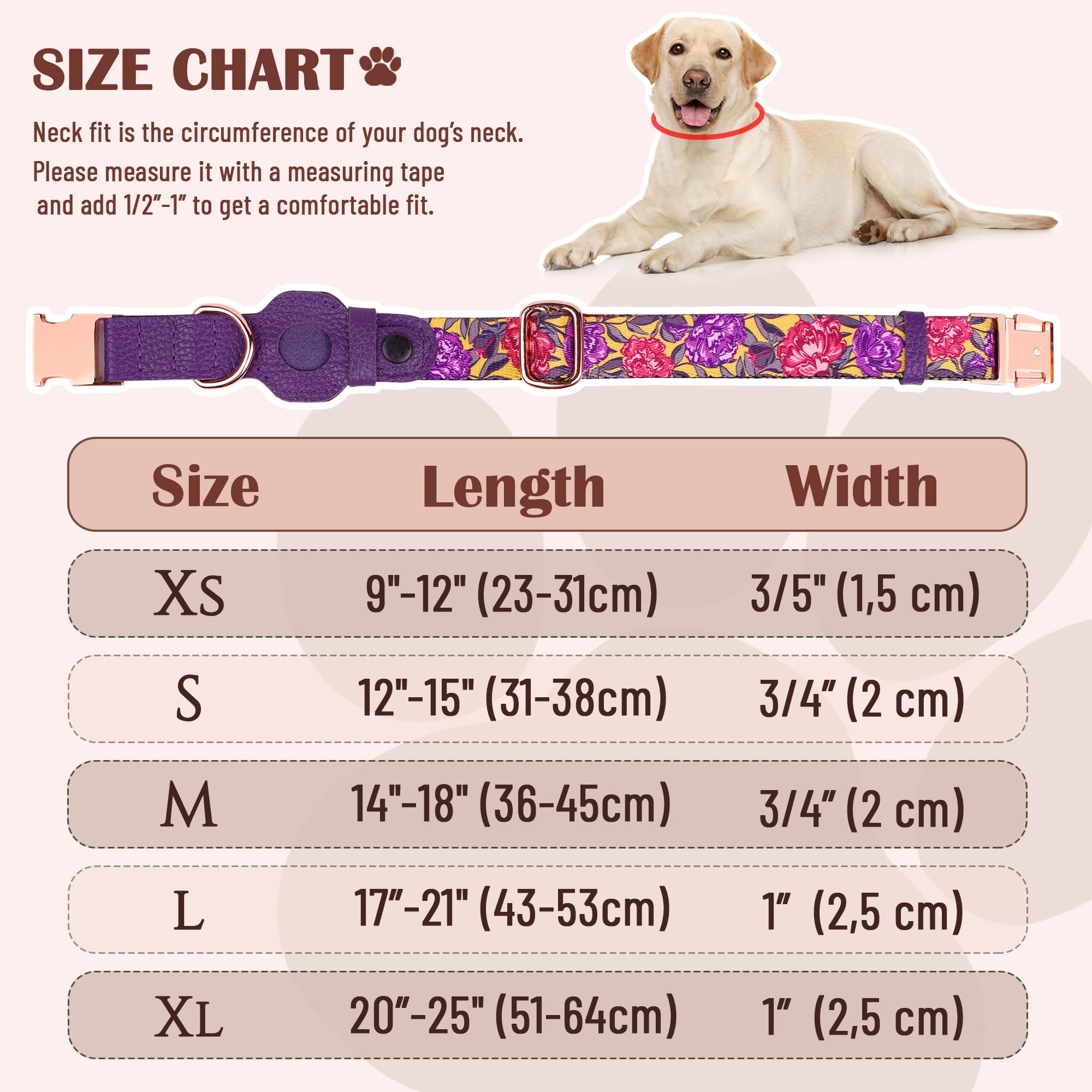 BUDKAS AirTag dog collar adjustable sizes outline secure, comfortable fit for all breeds.