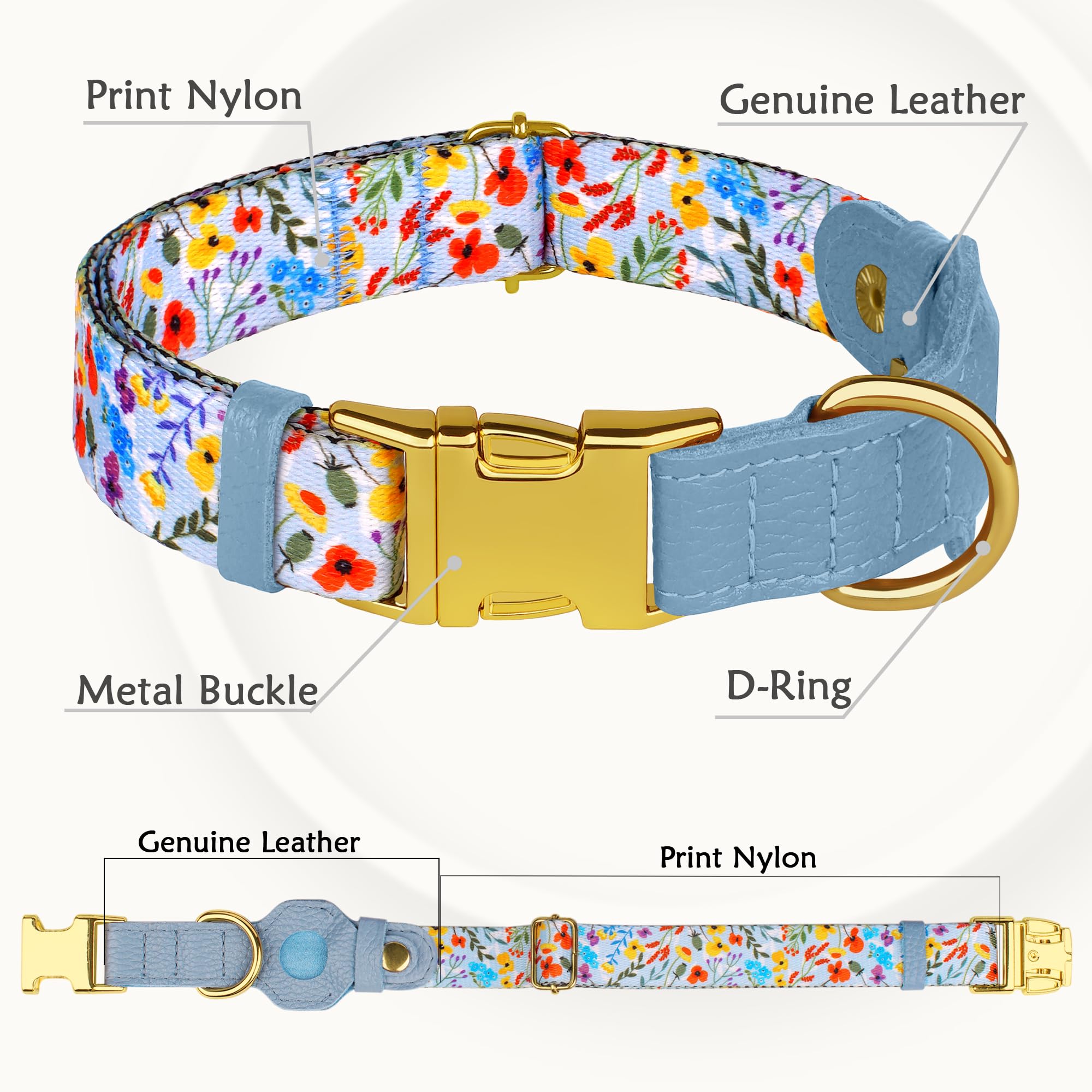 BUDKAS AirTag collar features rust-resistant hardware in gold rose gold black or silver.