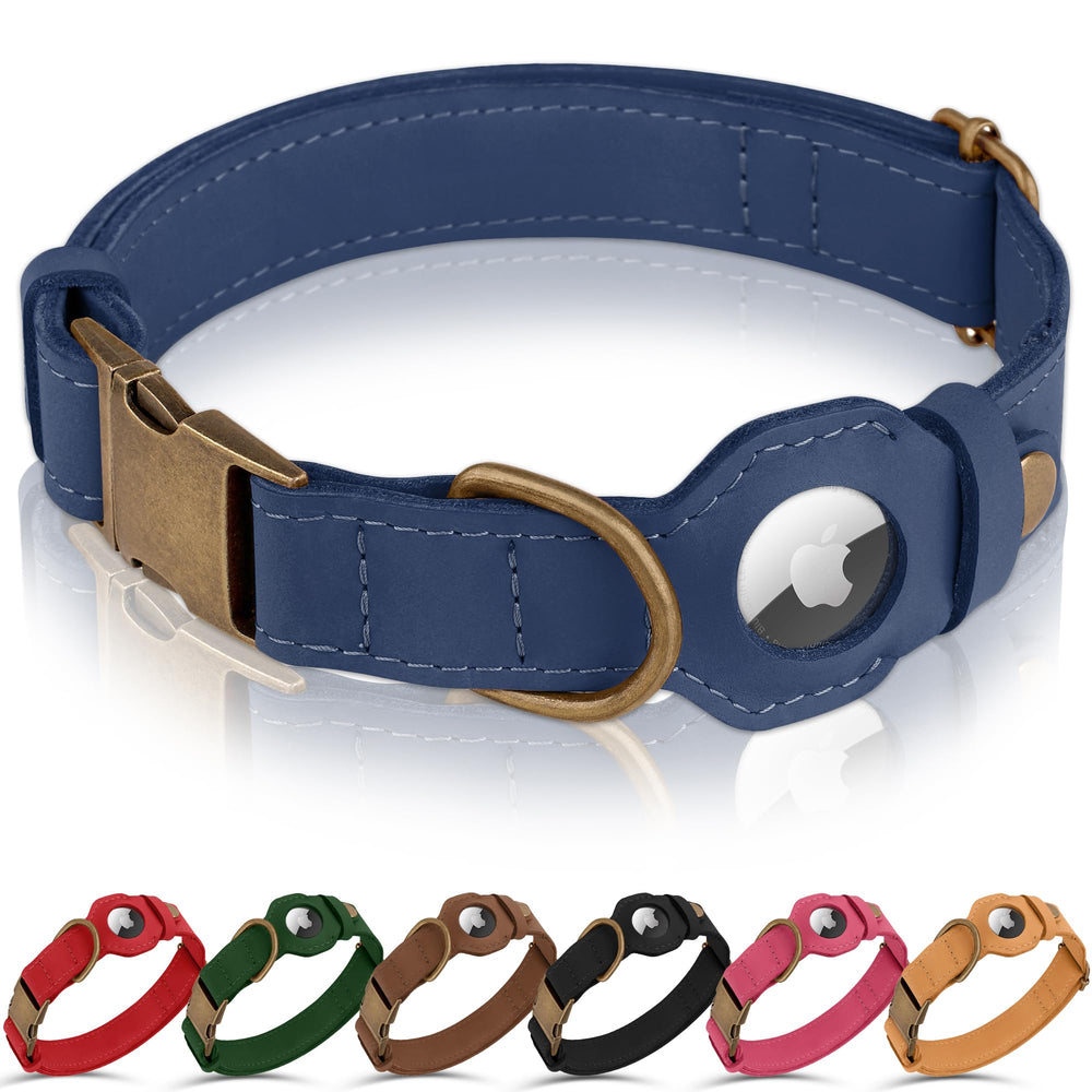 BUDKAS AirTag dog collar close-up reveals genuine leather and durable craftsmanship for daily wear