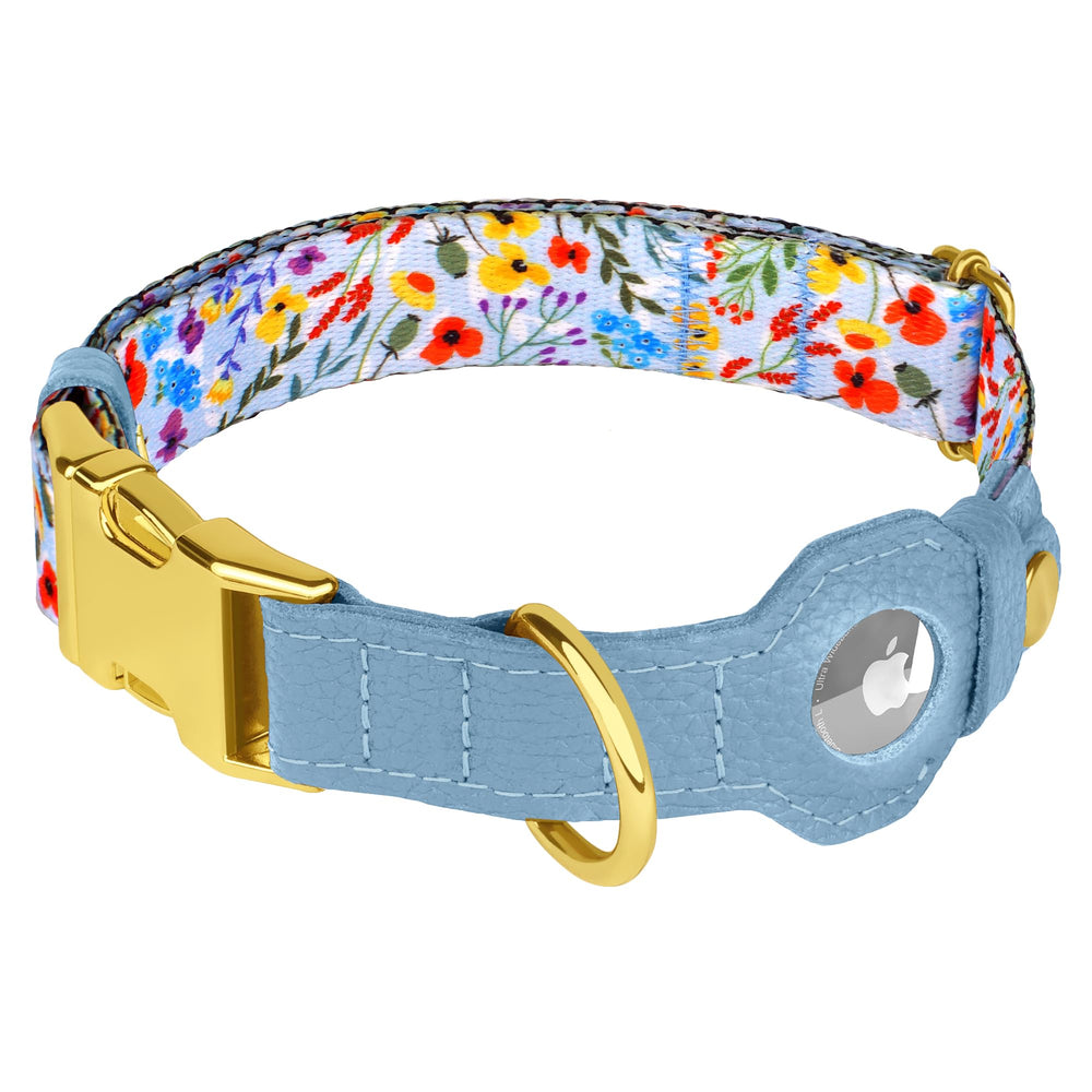 BUDKAS AirTag collar highlights genuine leather and lightweight nylon for durable everyday wear.