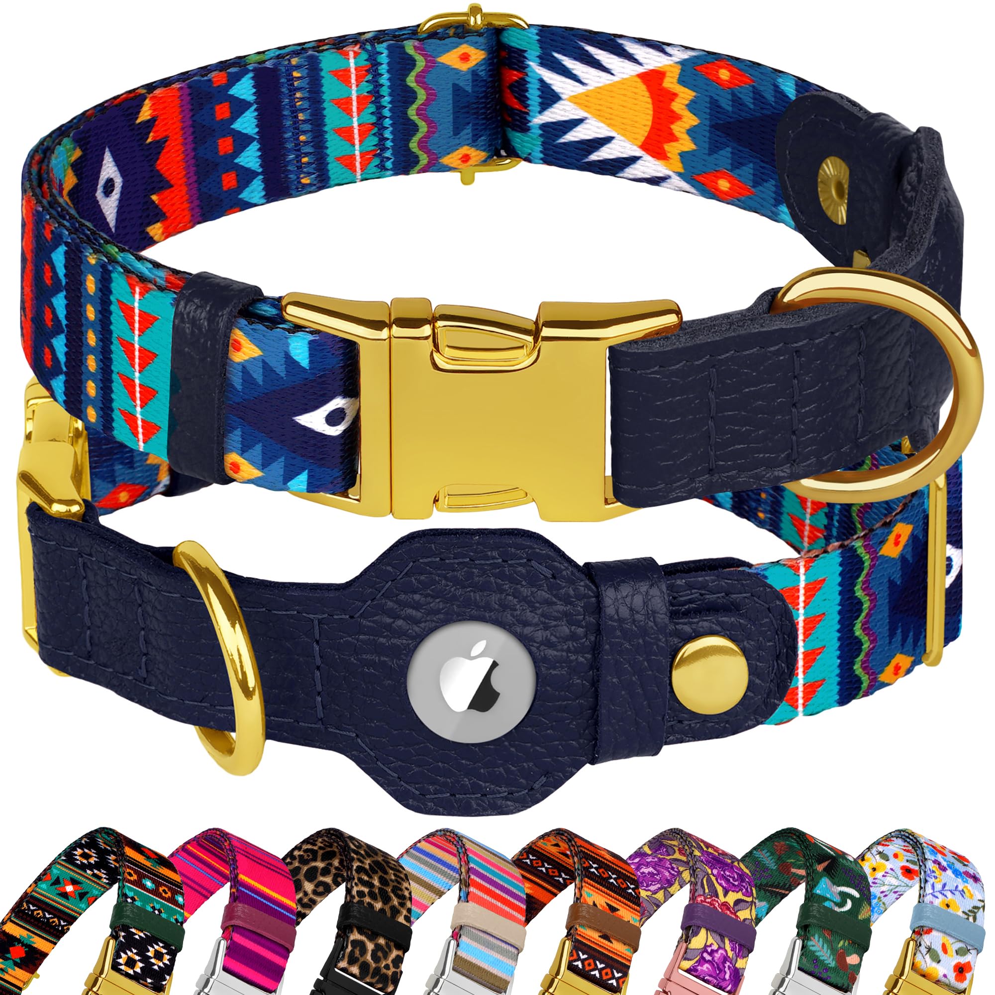 Budkas AirTag dog collar leather-nylon tribal pattern shows durable daily wear and tracking