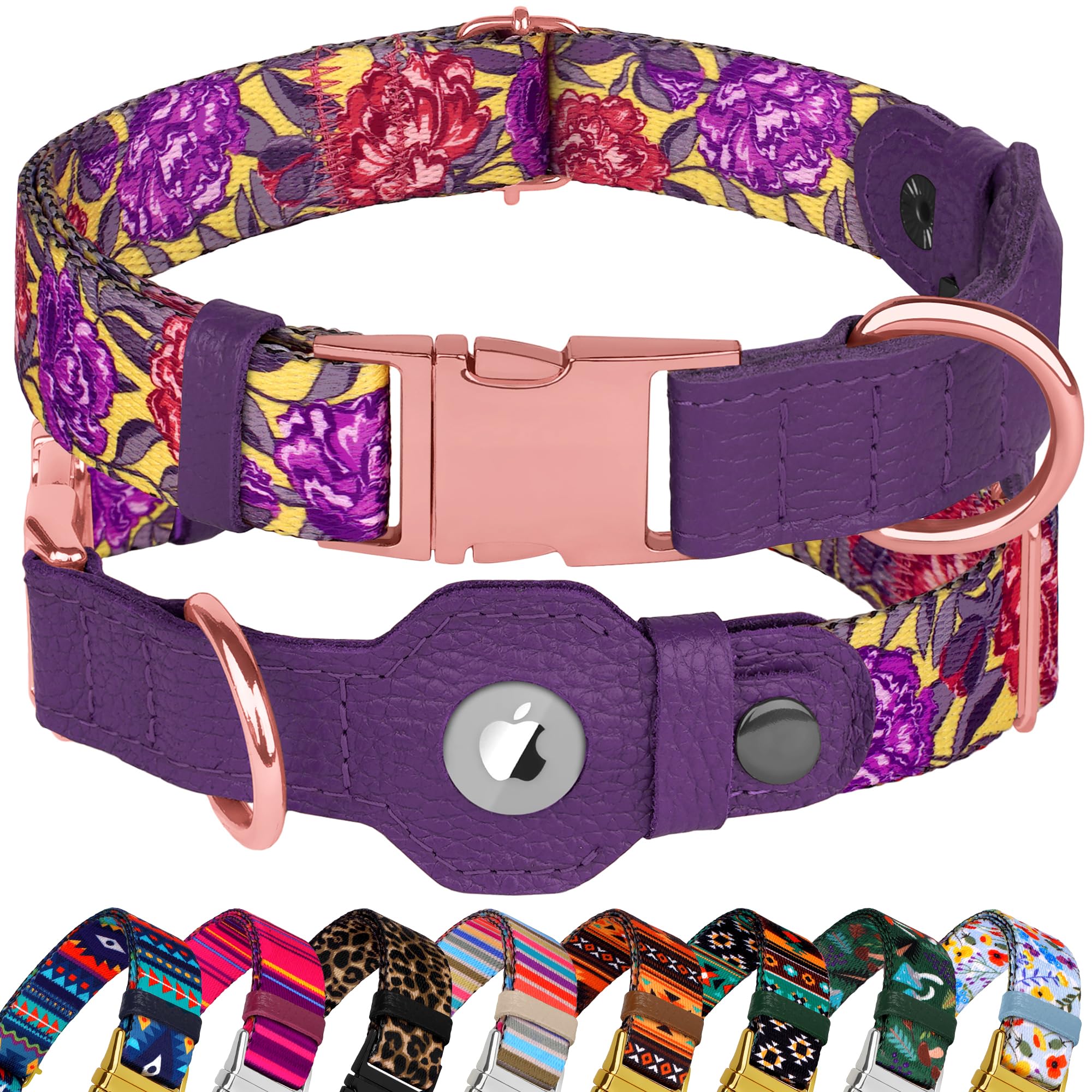 BUDKAS AirTag dog collar Peonies back view shows stylish pattern and secure fit.