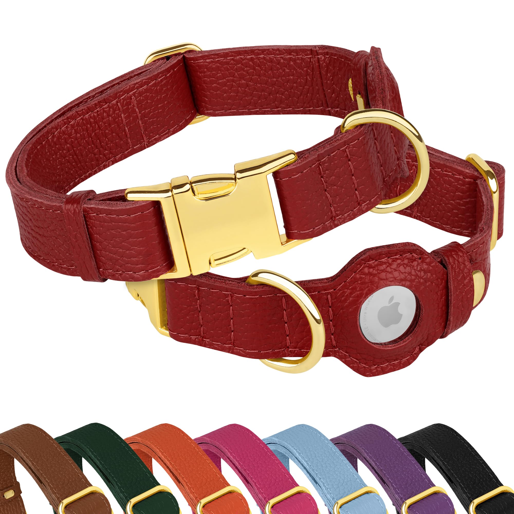 Budkas Leather Airtag Dog Collar closeup shows the secure buckle for safe daily walks.