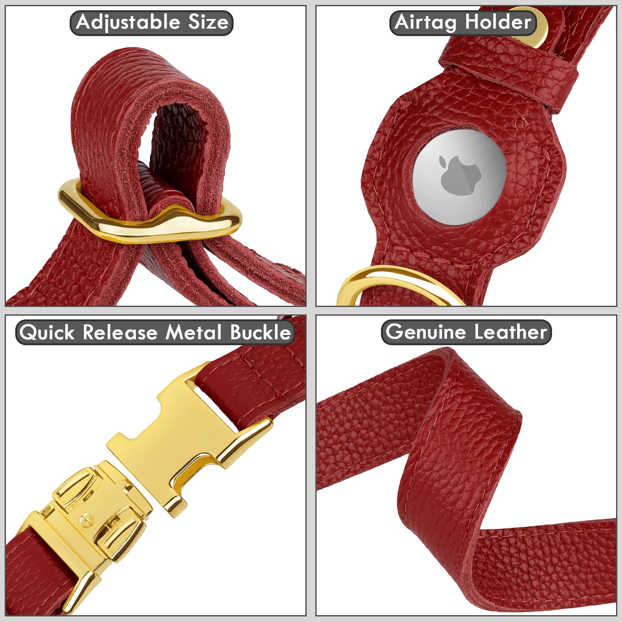 Budkas Leather Airtag Dog Collar red color option on a pet for bold style.
