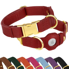 BUDKAS Leather AirTag Dog Collar in red with gold buckle for secure tracking during outdoor adventures.