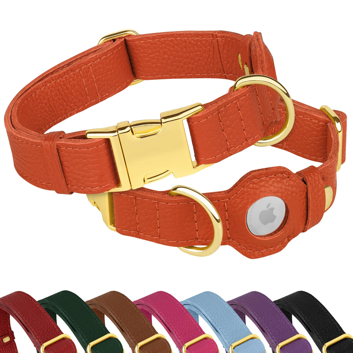 BUDKAS Leather AirTag Dog Collar with soft leather for comfort and AirTag holder