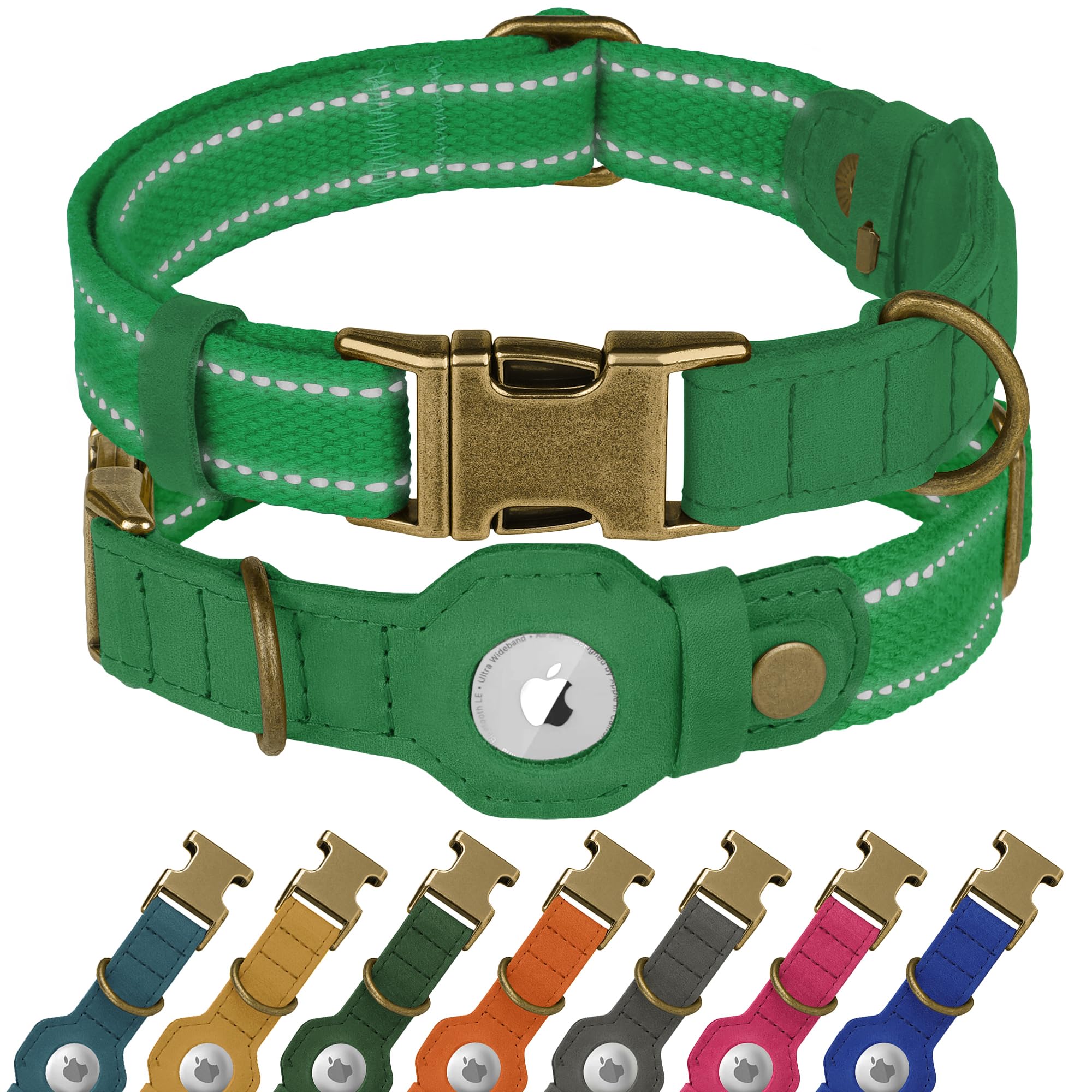 BUDKAS reflective leather dog collar with AirTag holder for GPS tracking.