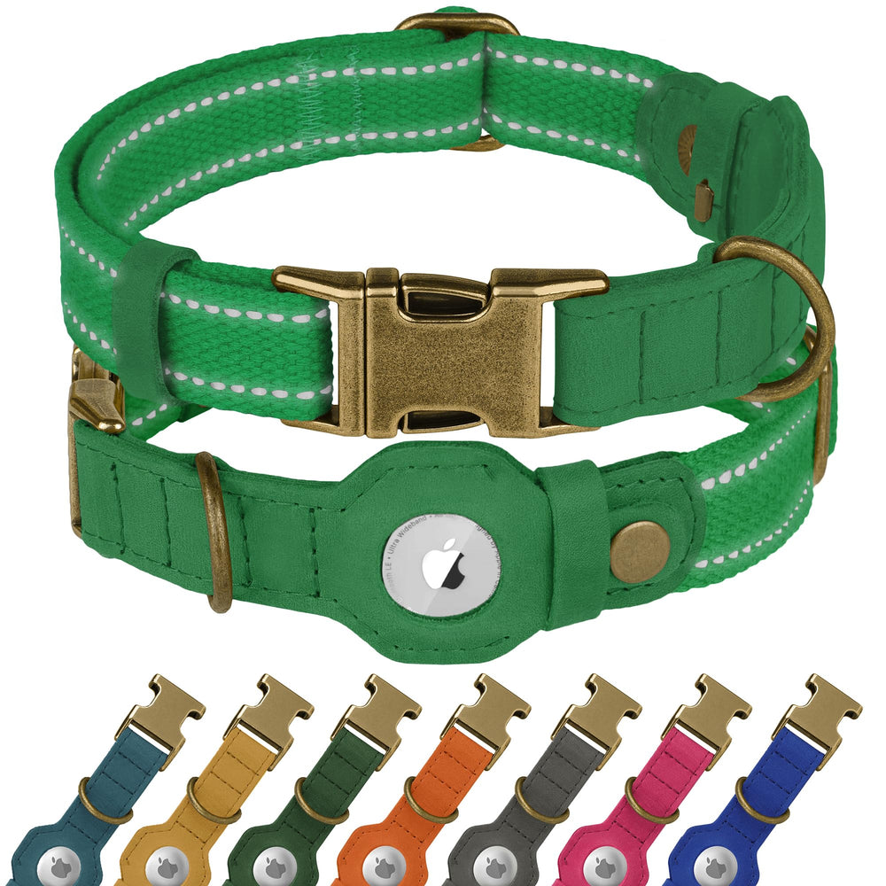 BUDKAS reflective leather dog collar with AirTag holder for GPS tracking.