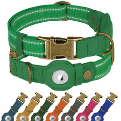 BUDKAS reflective leather dog collar with AirTag holder for GPS tracking.