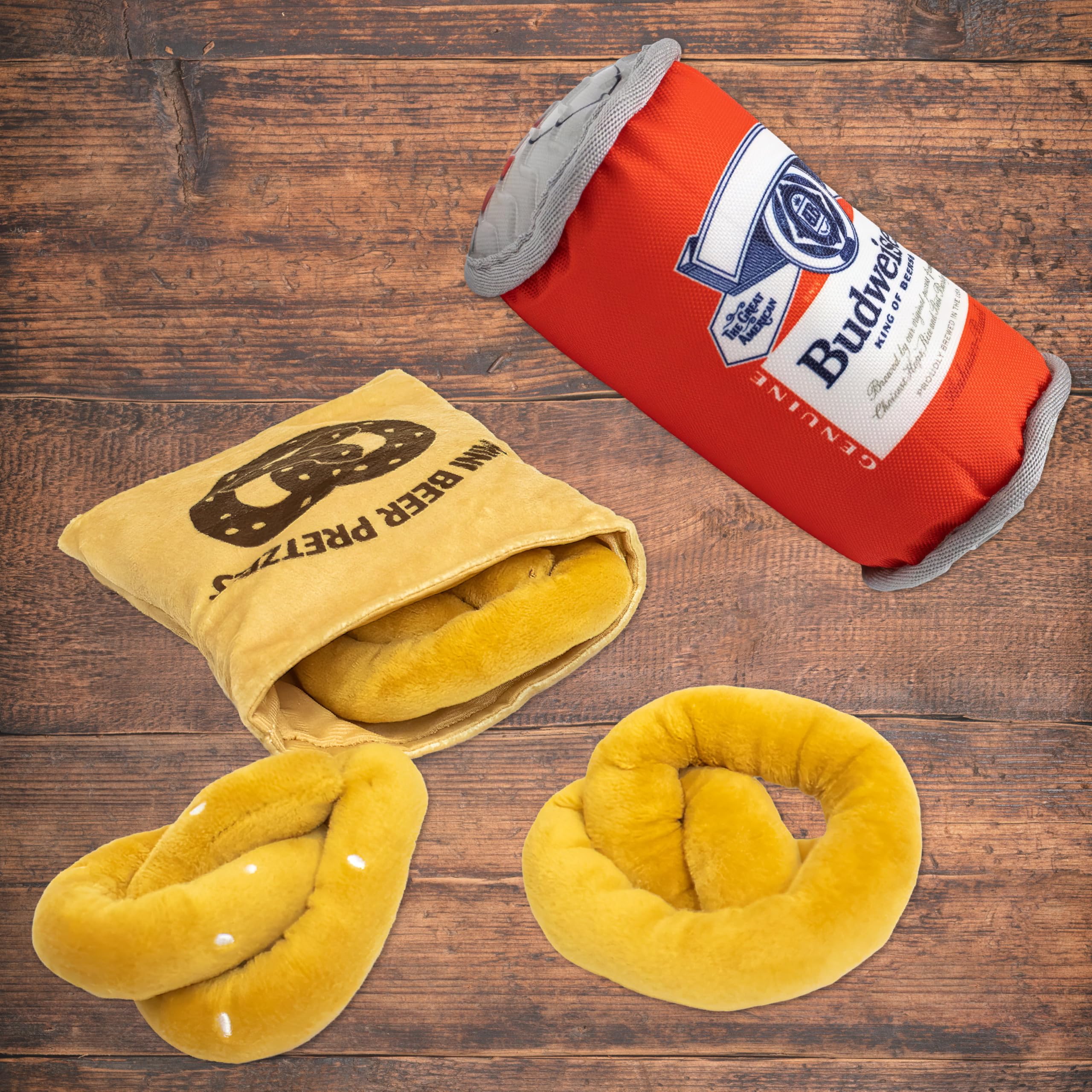 Budweiser beer can toy inside snack bag for puzzle-style play.