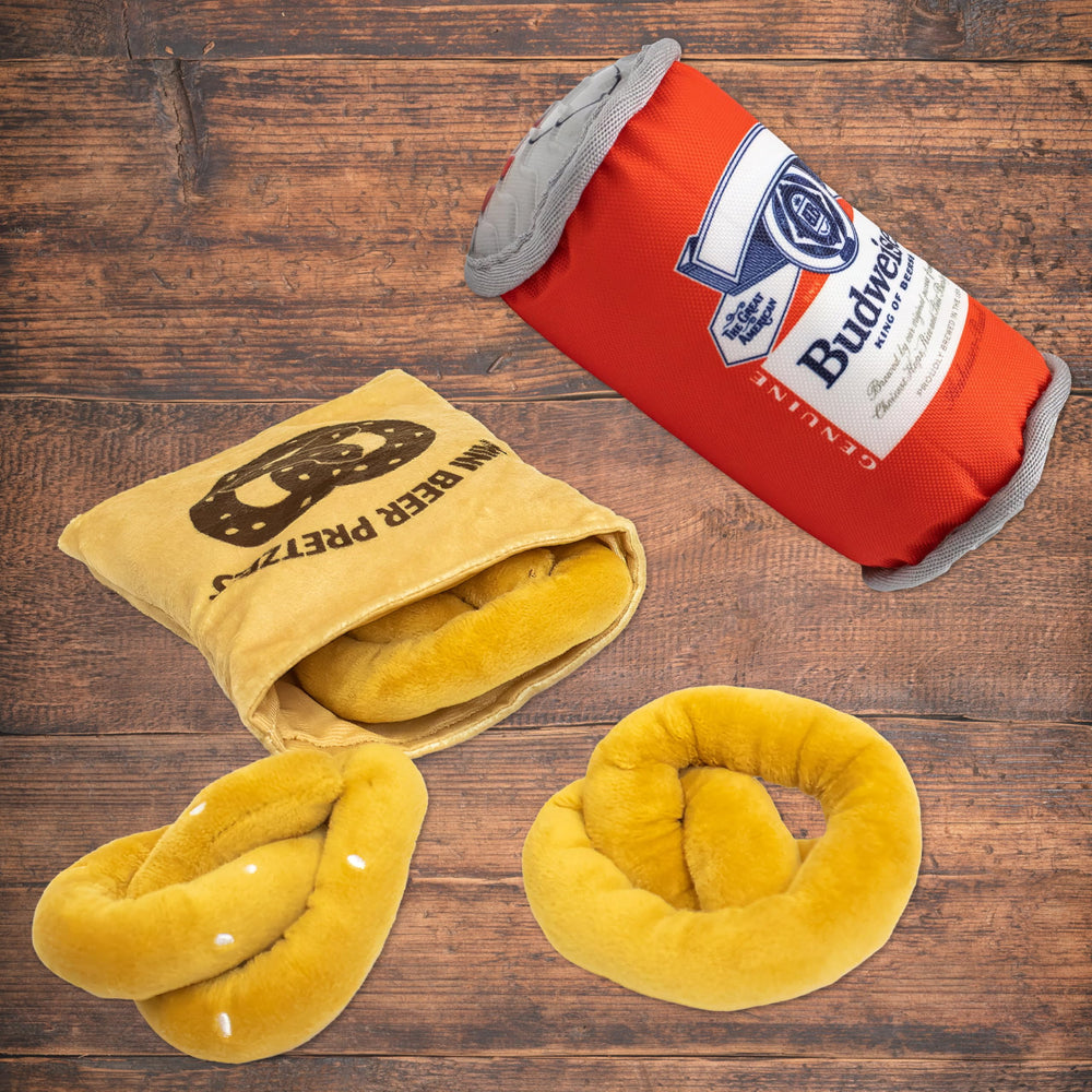Budweiser beer can toy inside snack bag for puzzle-style play.