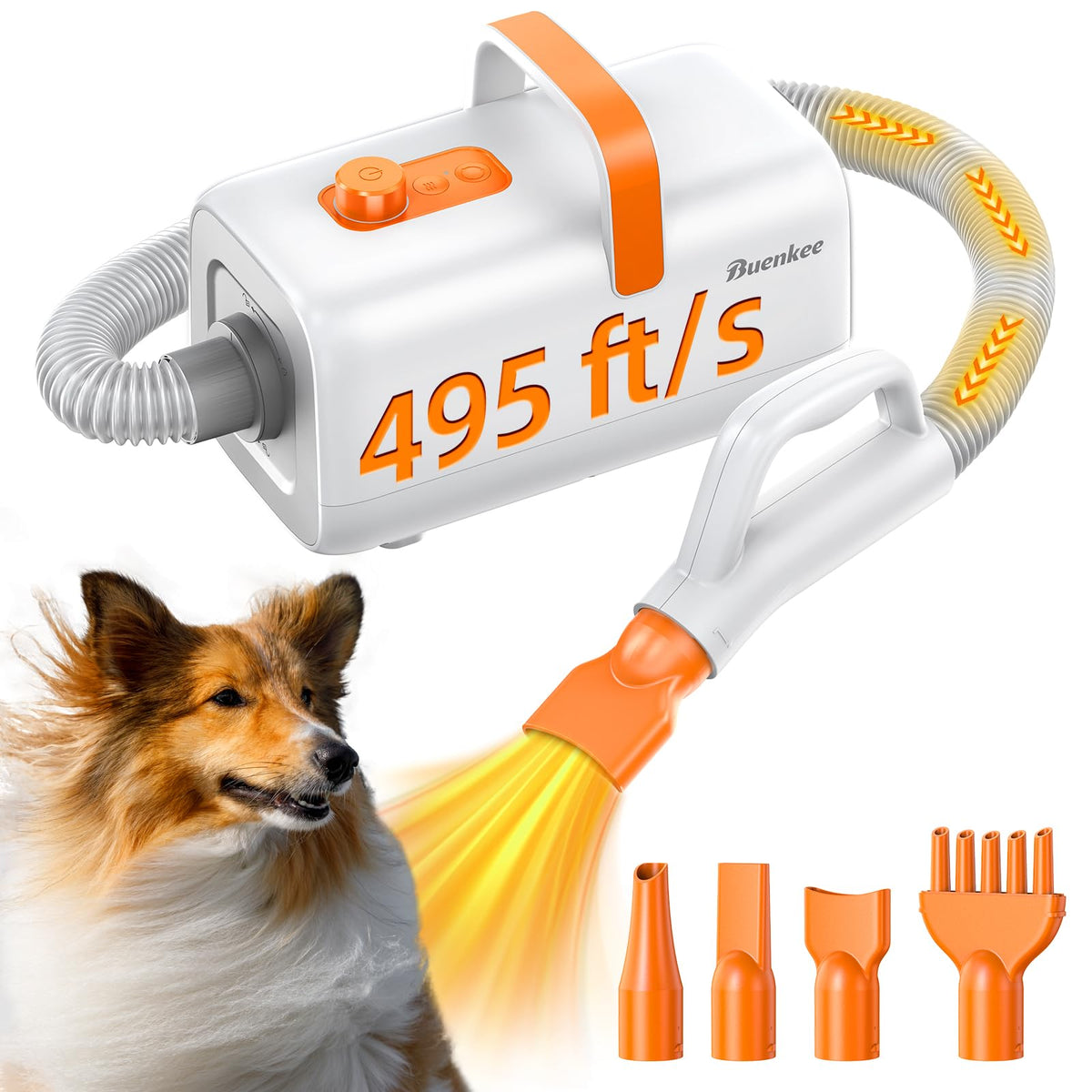 Buenkee dog blow dryer front view shows powerful airflow for quick at-home grooming.