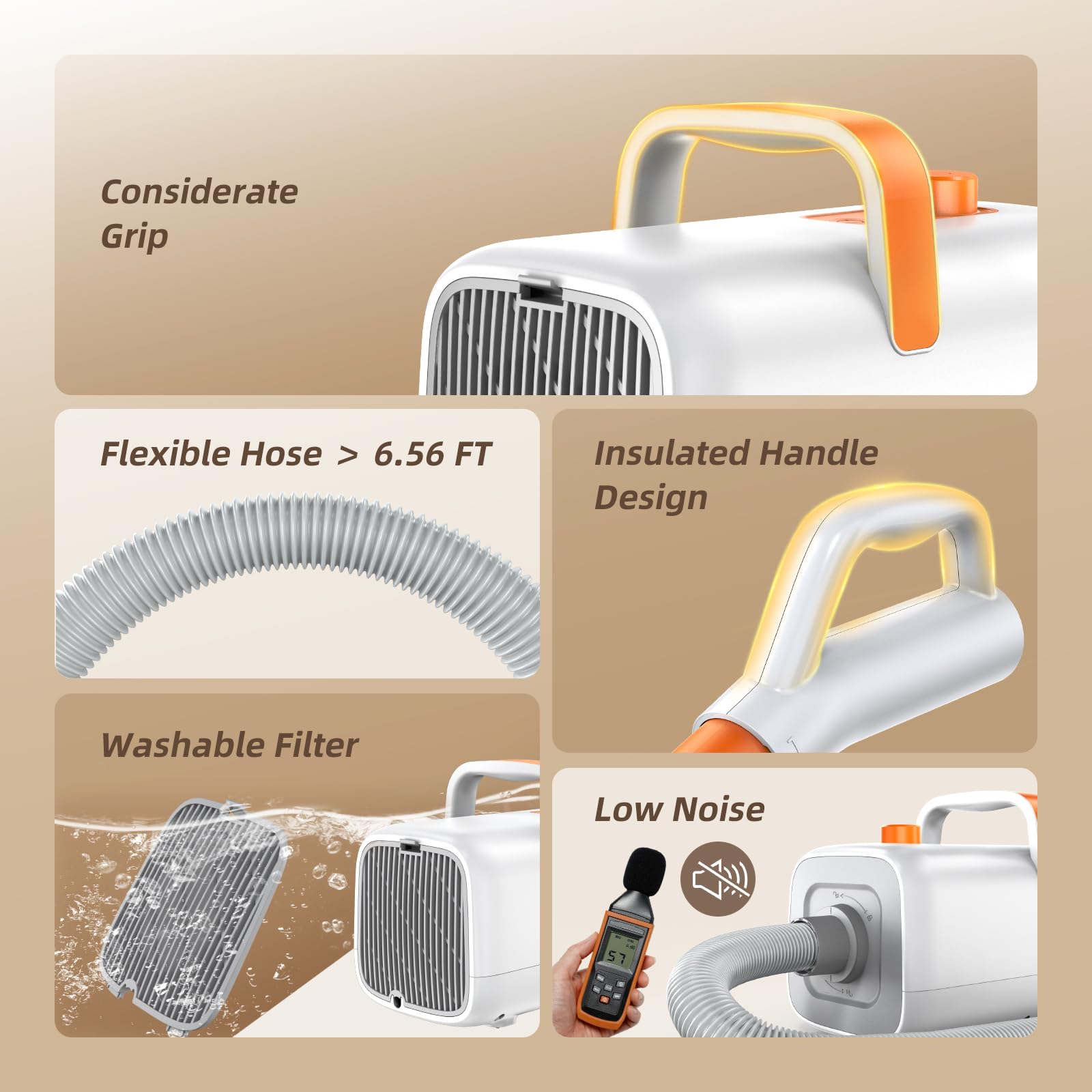 Buenkee dog blow dryer hose assembly shown for easy reach during grooming.