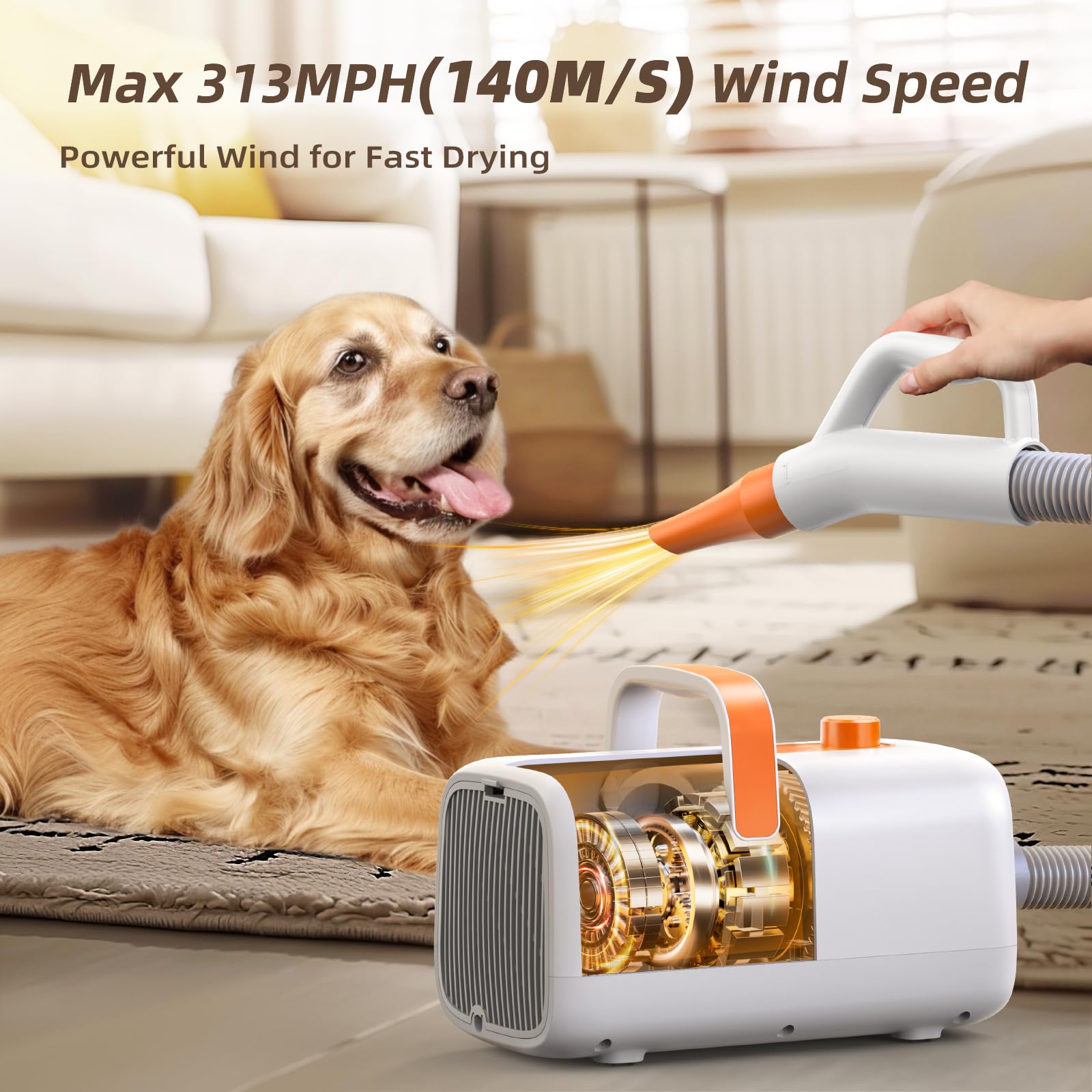 Buenkee dog blow dryer side hose demonstrates flexible hose for easy handling during grooming.